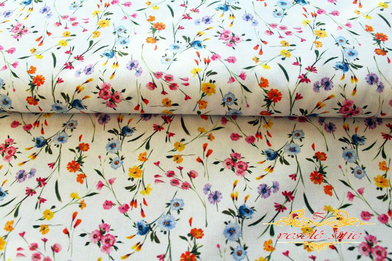 Bavlna Kvietky farebné na bielej len 1,58m