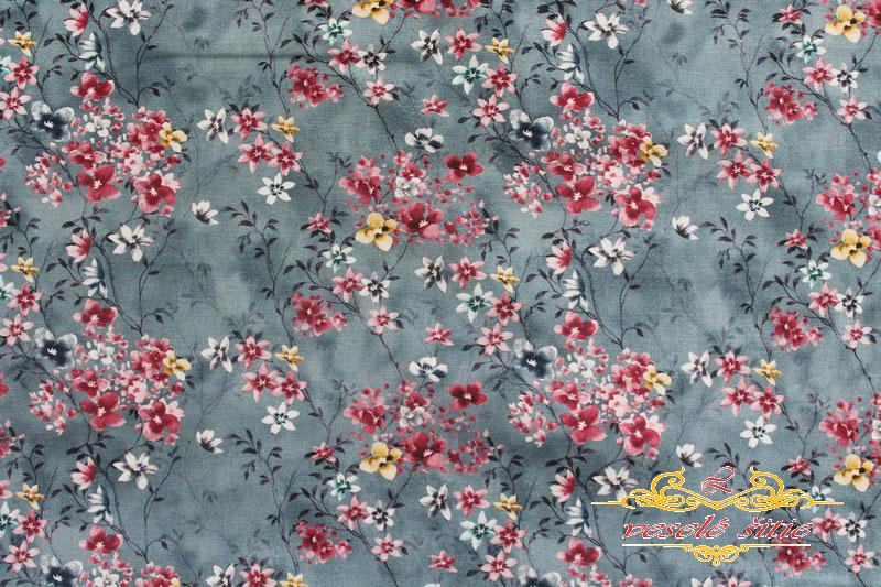 Bavlna Ťahavé kytičky na sivomodrej digi