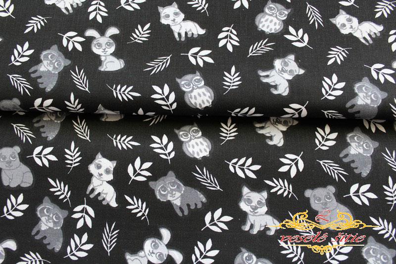 Bavlna Lesné zvieratká na čiernej