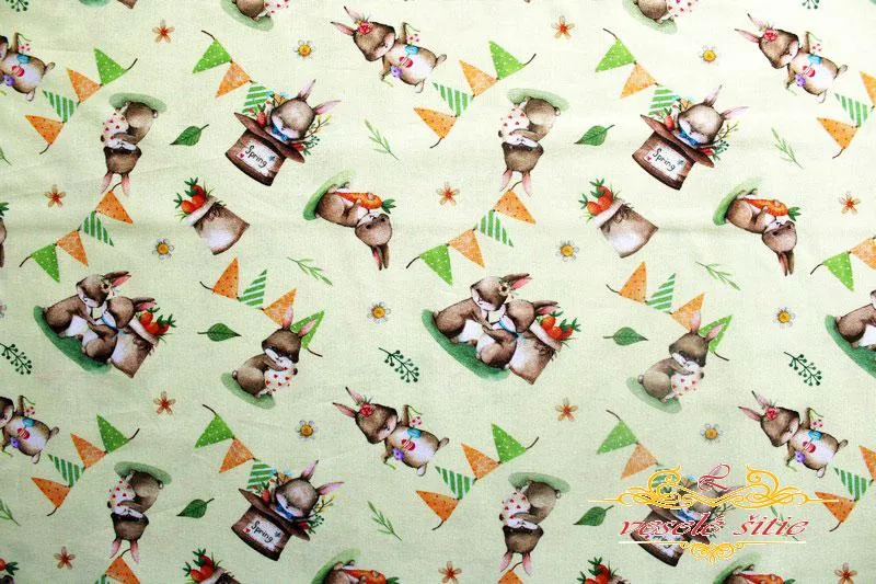 Bavlna Veľkonočná zajačiky na zelenej