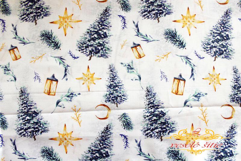 Bavlna Vianočné stromčeky séria modré na bielej