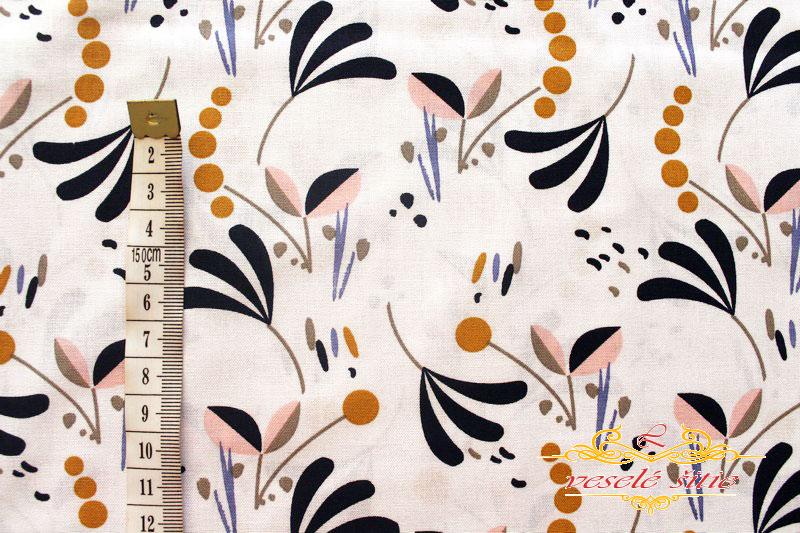 Bavlna Listy a kvetiny na bielej