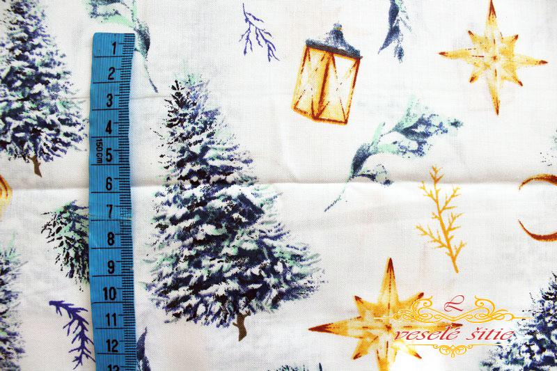 Bavlna Vianočné stromčeky séria modré na bielej