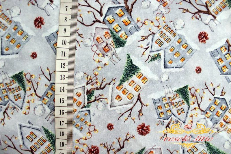 Bavlna Vianočná Zasnežené domčeky