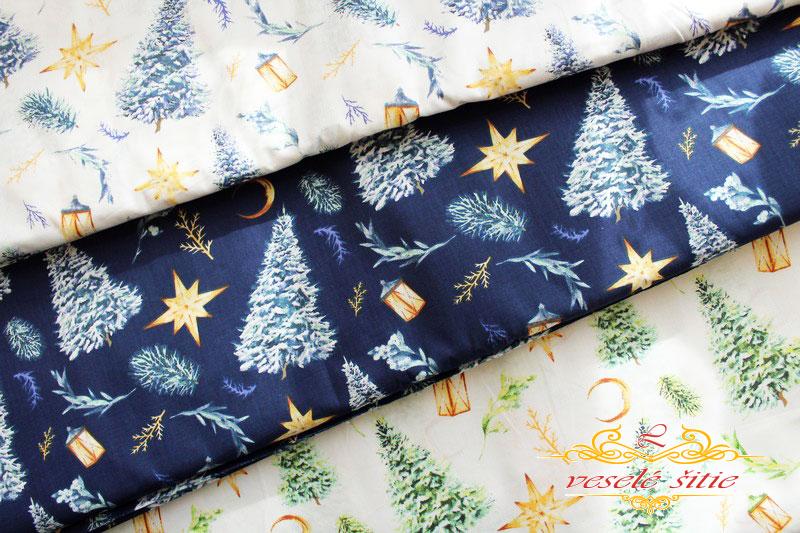 Bavlna Vianočné stromčeky séria modré na bielej